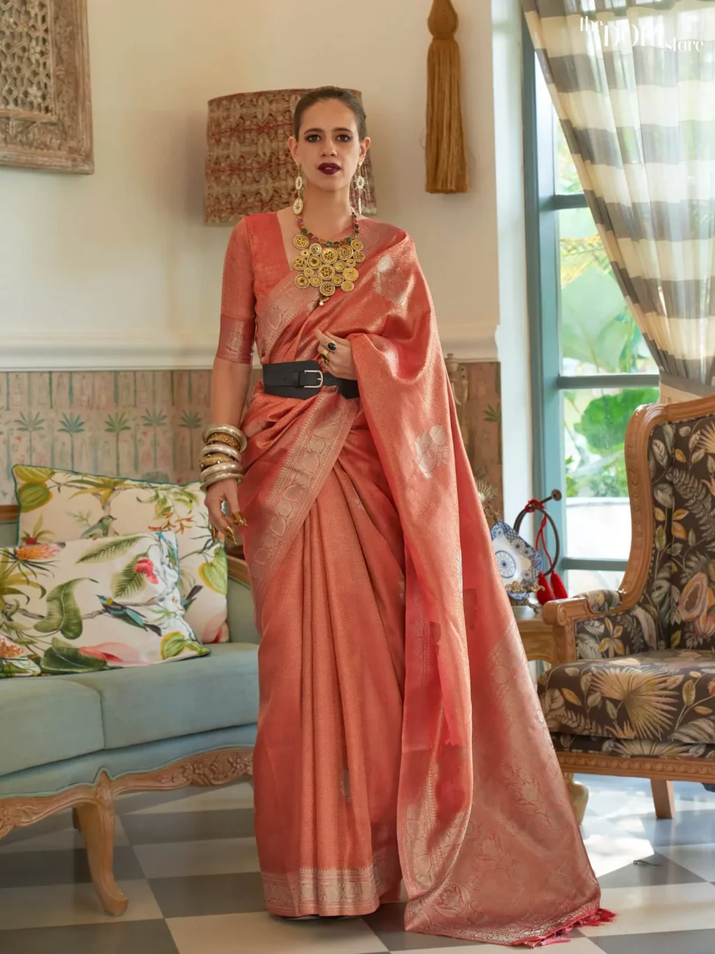 Peach Pink Nylon Satin Tissue Silk Saree - party wear saree