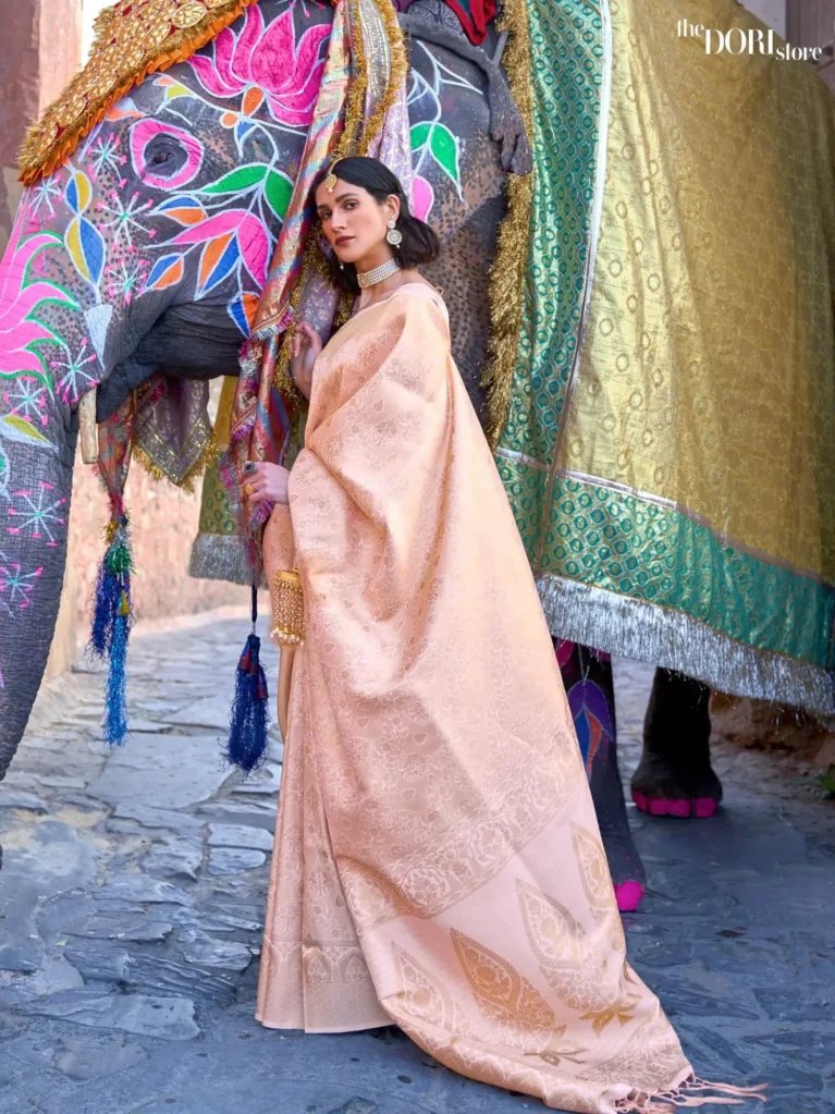 Pastel Peach Pink Luxe Kanjeevram Silk Saree - party wear saree