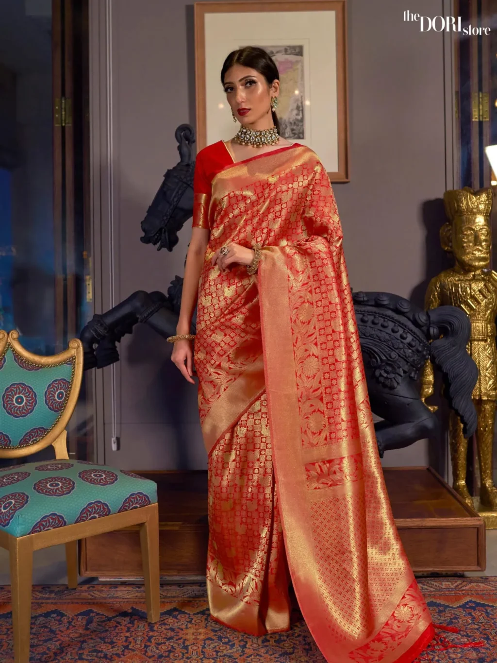 Golden Bridal Red Kanjeevaram Silk Saree - party wear saree