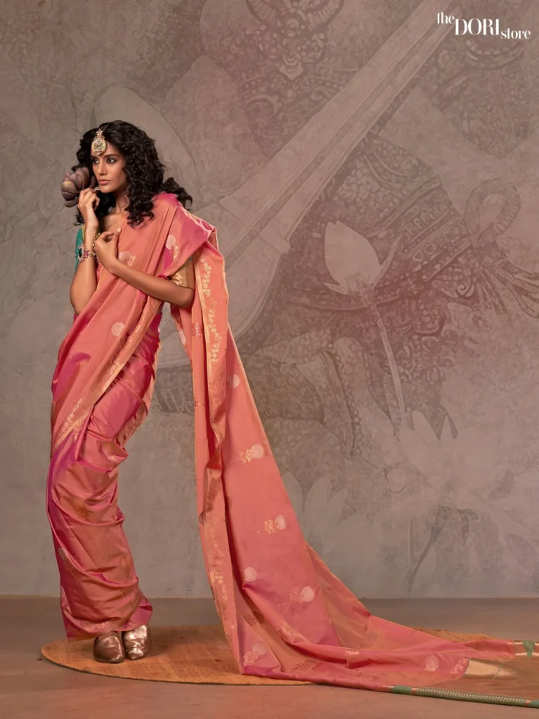 Coral Peach Pink Dual Tone Banarasi Handloom Silk Saree - party wear saree