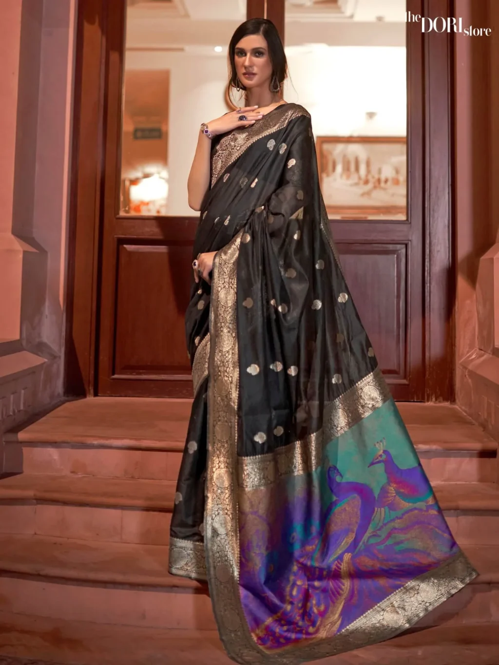 Jet Black Partywear Banarasi Soft Silk Saree - party wear saree