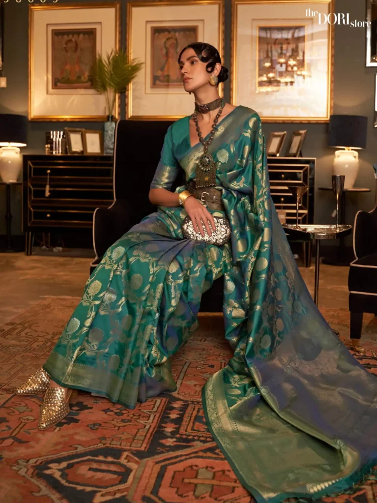 Partywear Dark Green Banarasi Handloom Woven Silk Saree - party wear saree