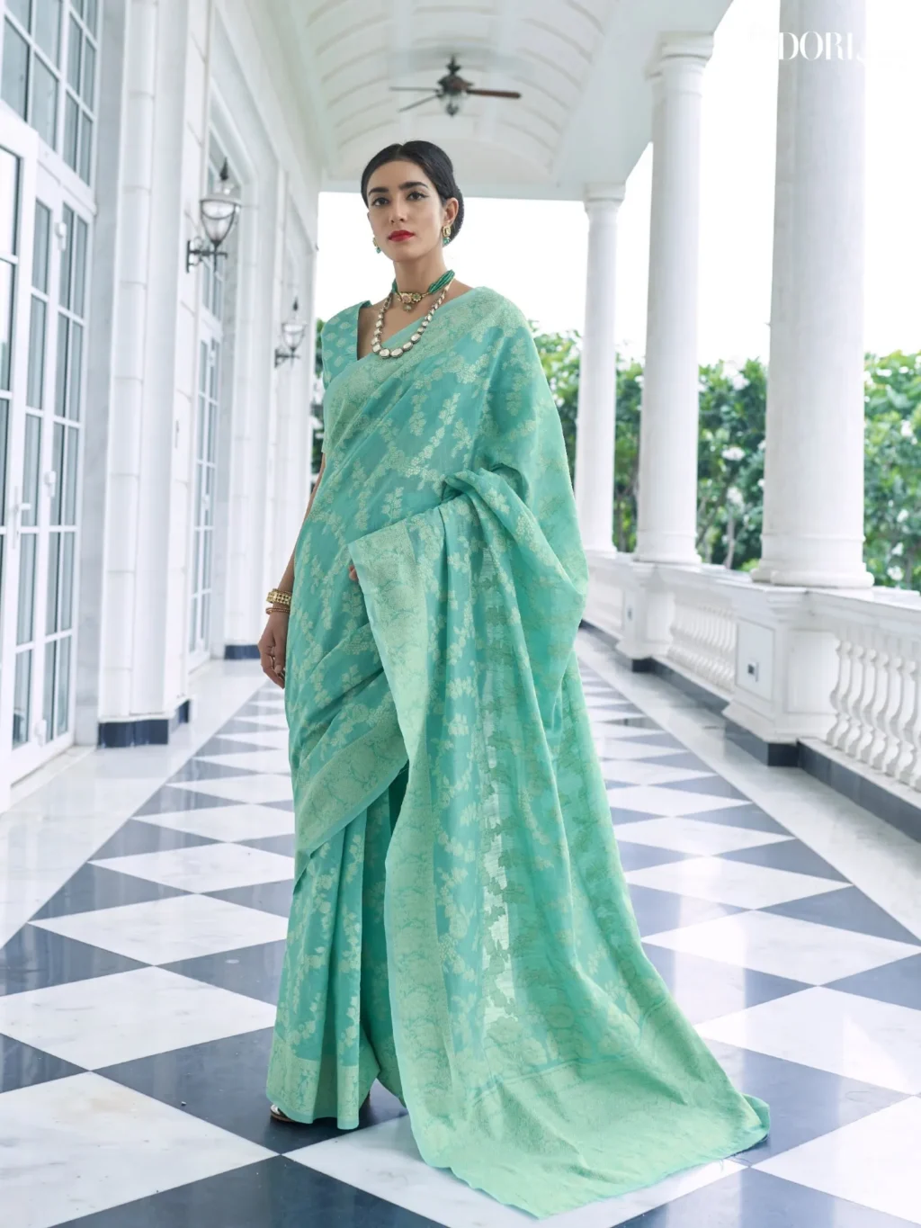 Mystic Teal Blue Lucknowi Georgette Weaving Saree - party wear saree