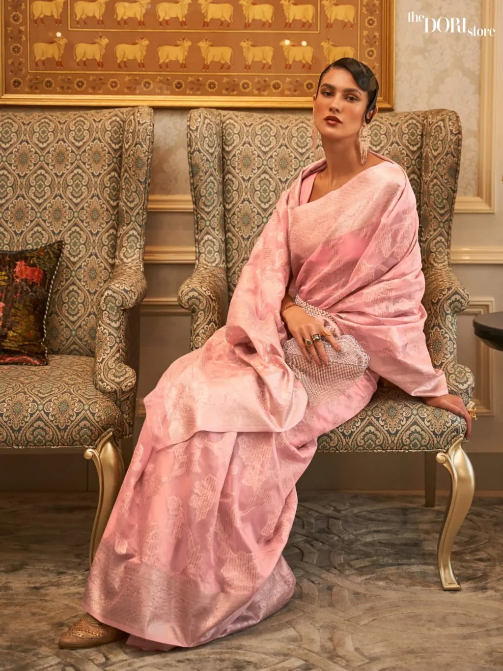 Designer Peach Pink Georgette Silk Saree - party wear saree