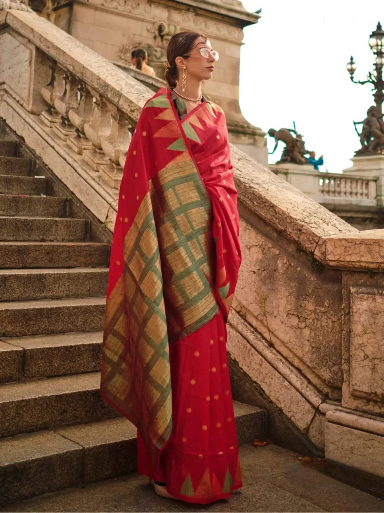Hot Red Handloom Khadi Silk Saree with Contrast Blouse  - party wear saree