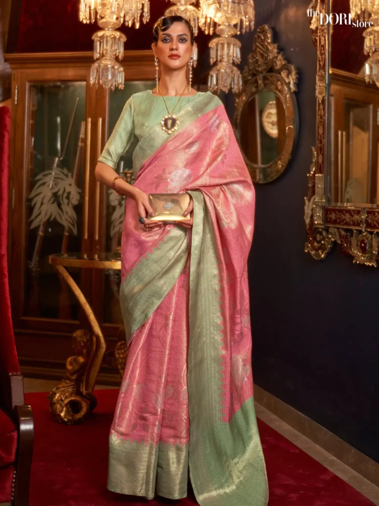Greenish Pink  Soft Banarasi Handloom Silk Woven Saree - party wear saree