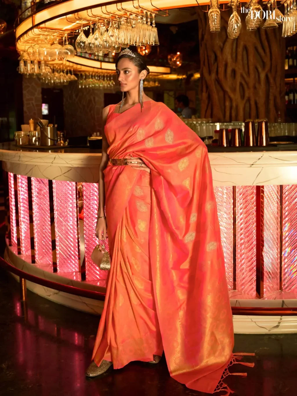 Glow Orange Partywear Banarasi Silk Saree - party wear saree