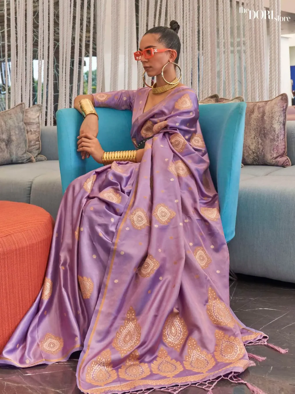 Lavender Purple Pure Satin Copper Zari Weaving Saree - party wear saree