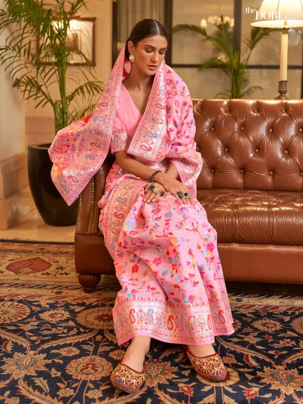 Lotus Pink Kashmiri Jamewar Silk Saree  - party wear saree