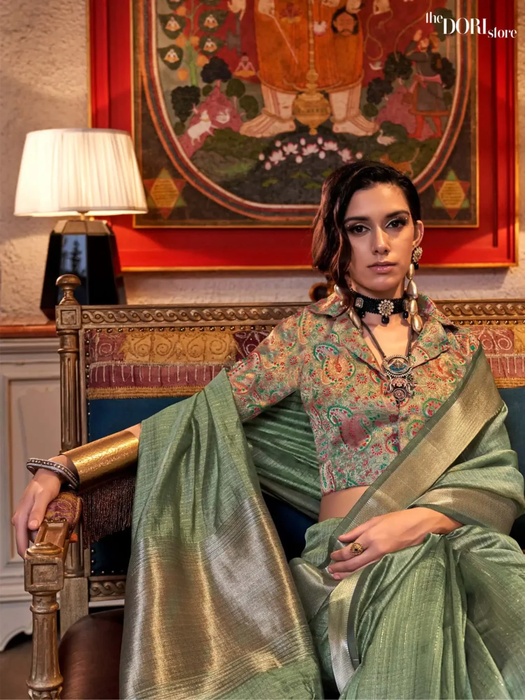 Dusky Green Moss Chiffon Silk Saree with Contrast Blouse - Image 2