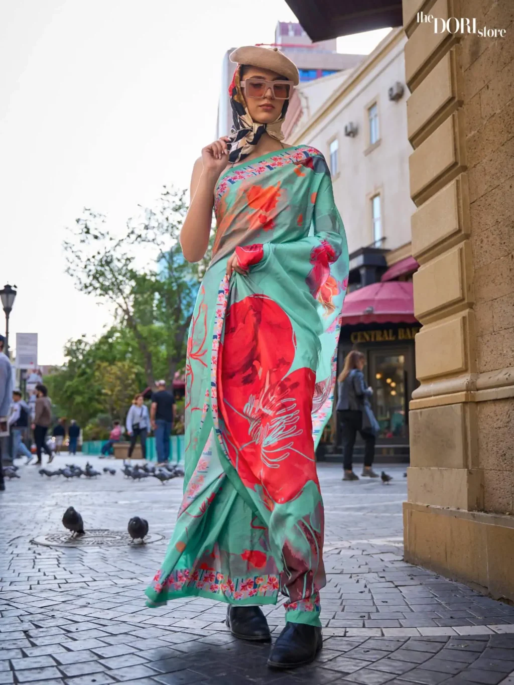 Floral Sea Green Pure Digital Print Crepe Silk Saree - party wear saree
