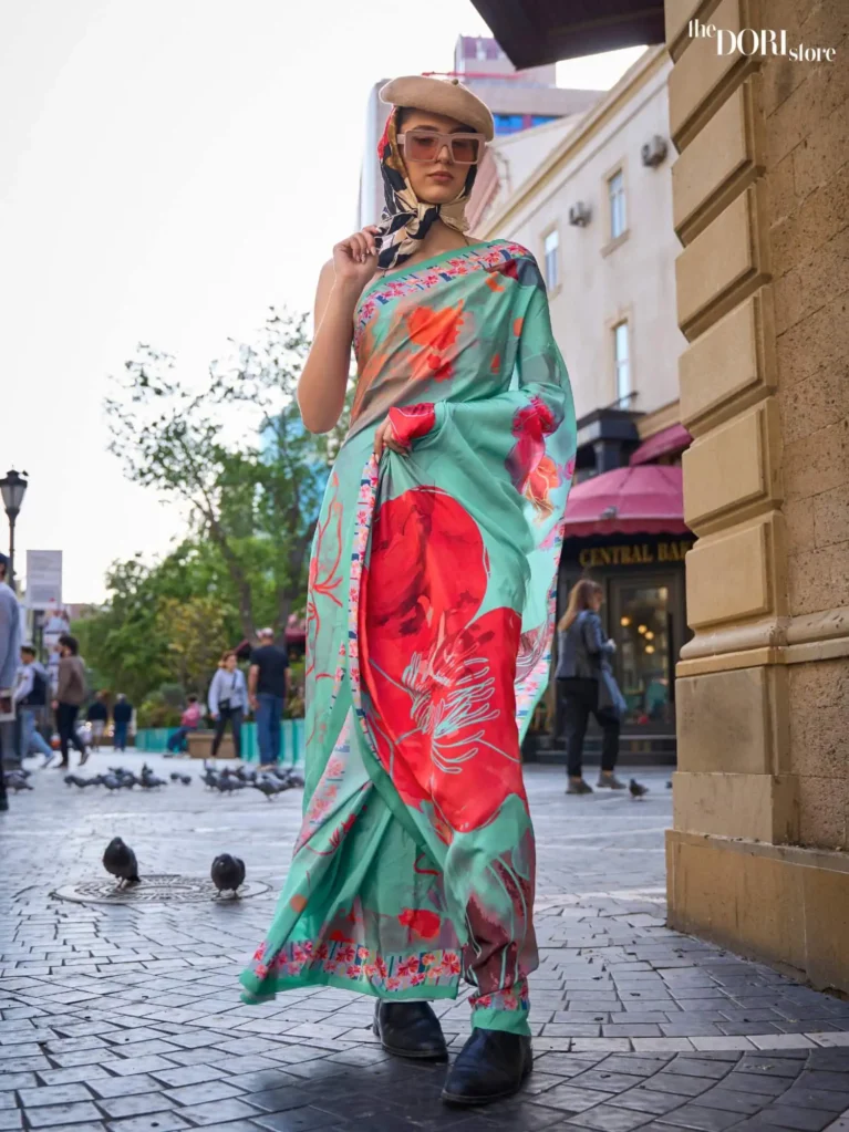 Floral Sea Green Pure Digital Print Crepe Silk Saree - party wear saree
