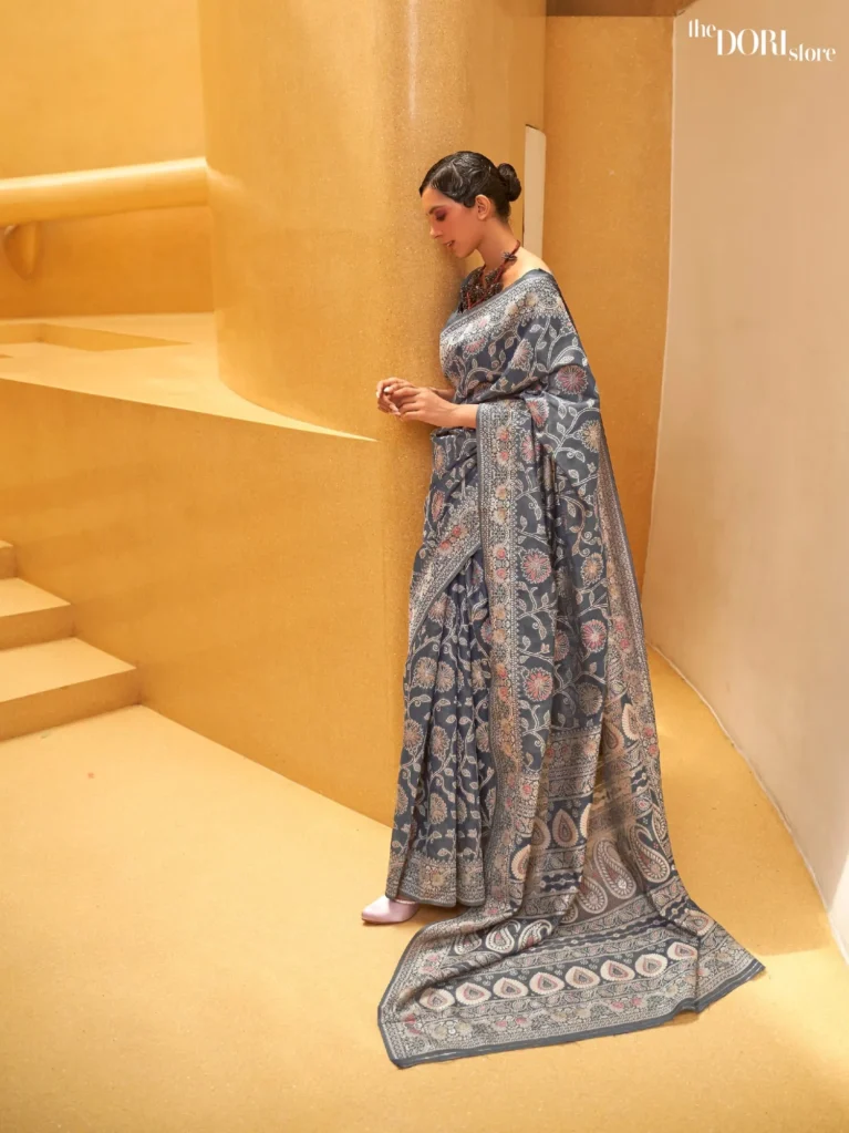 Blue Chickankari Lucknowi Banarasi Silk Saree - party wear saree
