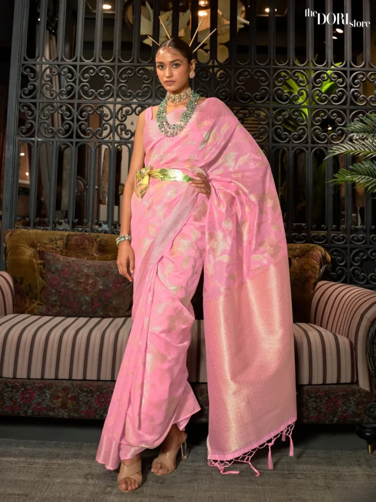 Blush Pink Zari Woven Banarasi Silk Saree - party wear saree