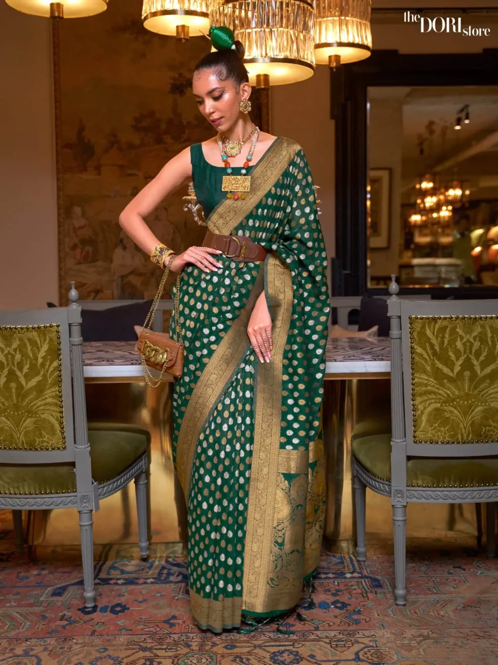 Ethnic Designer Royal Green Pure Khadi Zari Woven Silk Saree - party wear saree