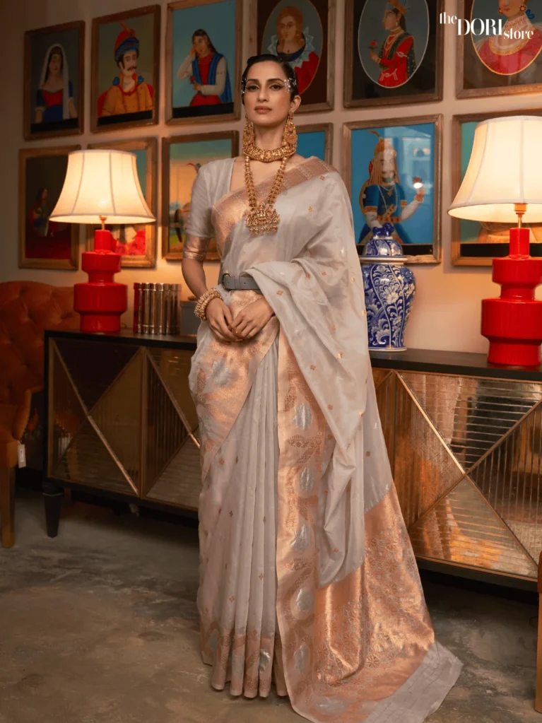 Light Grey Designer Copper Zari Woven Silk Saree - party wear saree