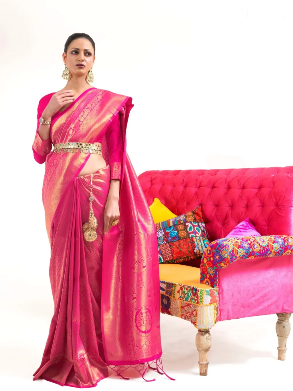 Hot Pink Kanjeevaram Woven Silk Saree - party wear saree