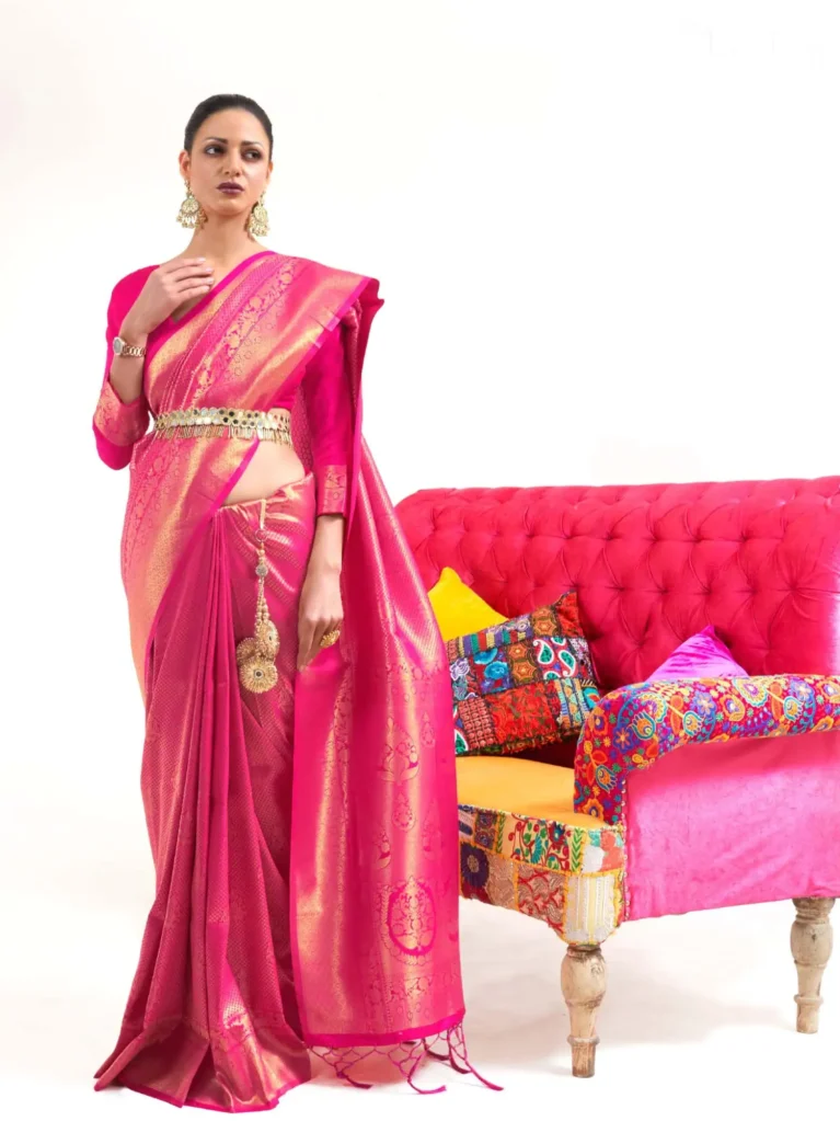 Hot Pink Kanjeevaram Woven Silk Saree - party wear saree