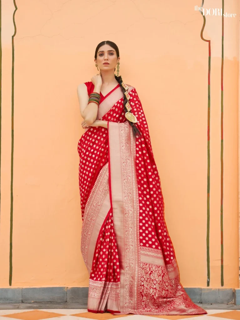 Hot Red Nylon Handloom Georgette Silk Saree - party wear saree