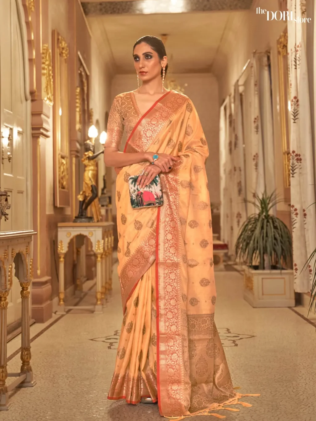 Golden Yellow Floral Banarasi Handloom Woven Silk Saree - party wear saree