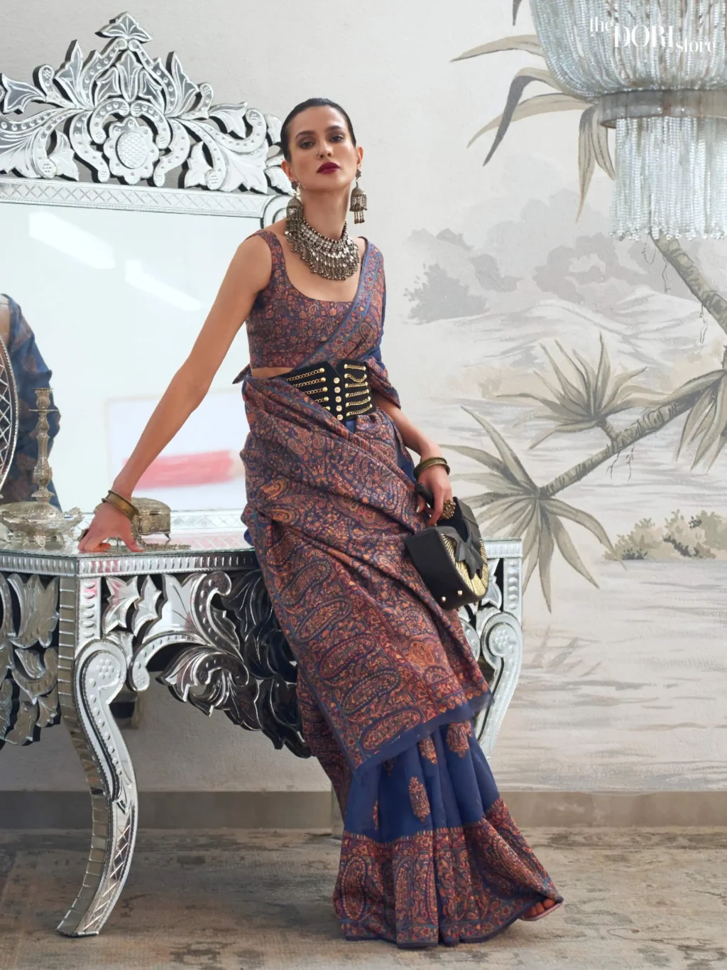 Royal Navy Blue Modal Kashmiri Handloom Silk Saree - party wear saree