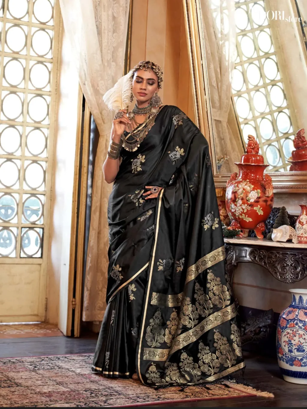 Royal Jet Black Partywear Banarasi Satin Silk Saree - party wear saree
