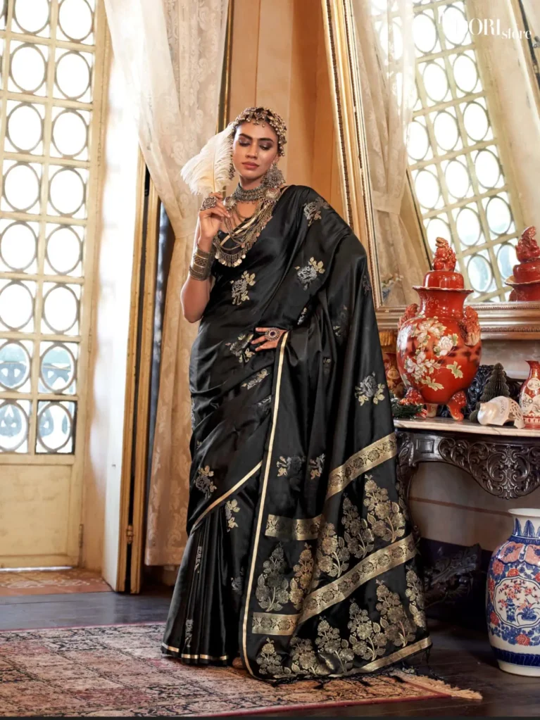 Royal Jet Black Partywear Banarasi Satin Silk Saree - party wear saree
