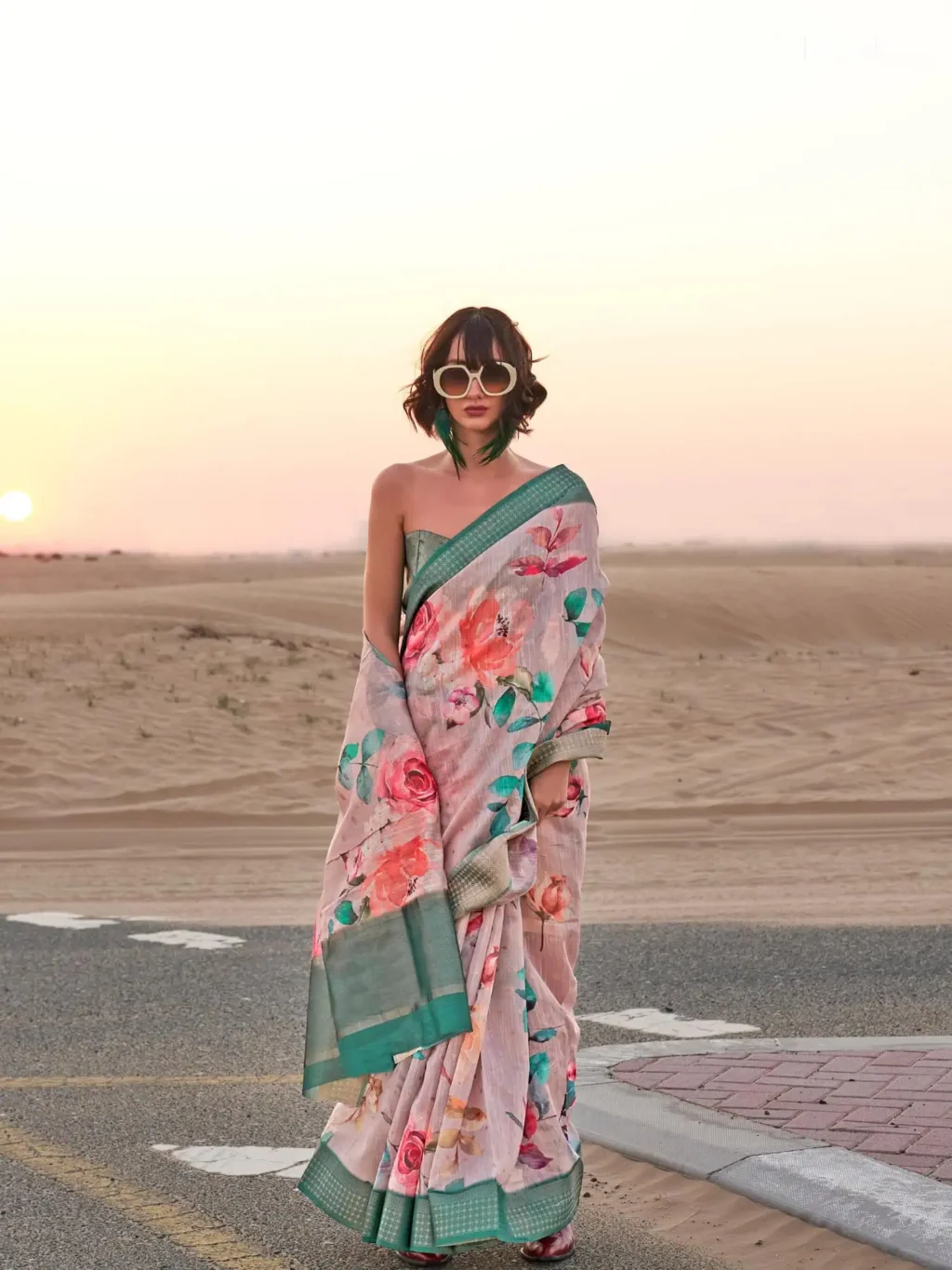 Greenish Grey Floral Printed Linen Saree - party wear saree