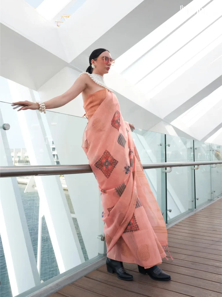 Peach Pink Printed Handloom Linen saree Saree - party wear saree