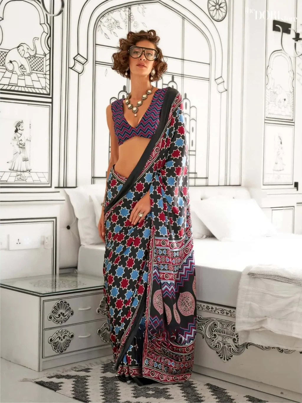 Black and Blue Light Weight Printed Ajrakh Satin Crepe Saree - party wear saree