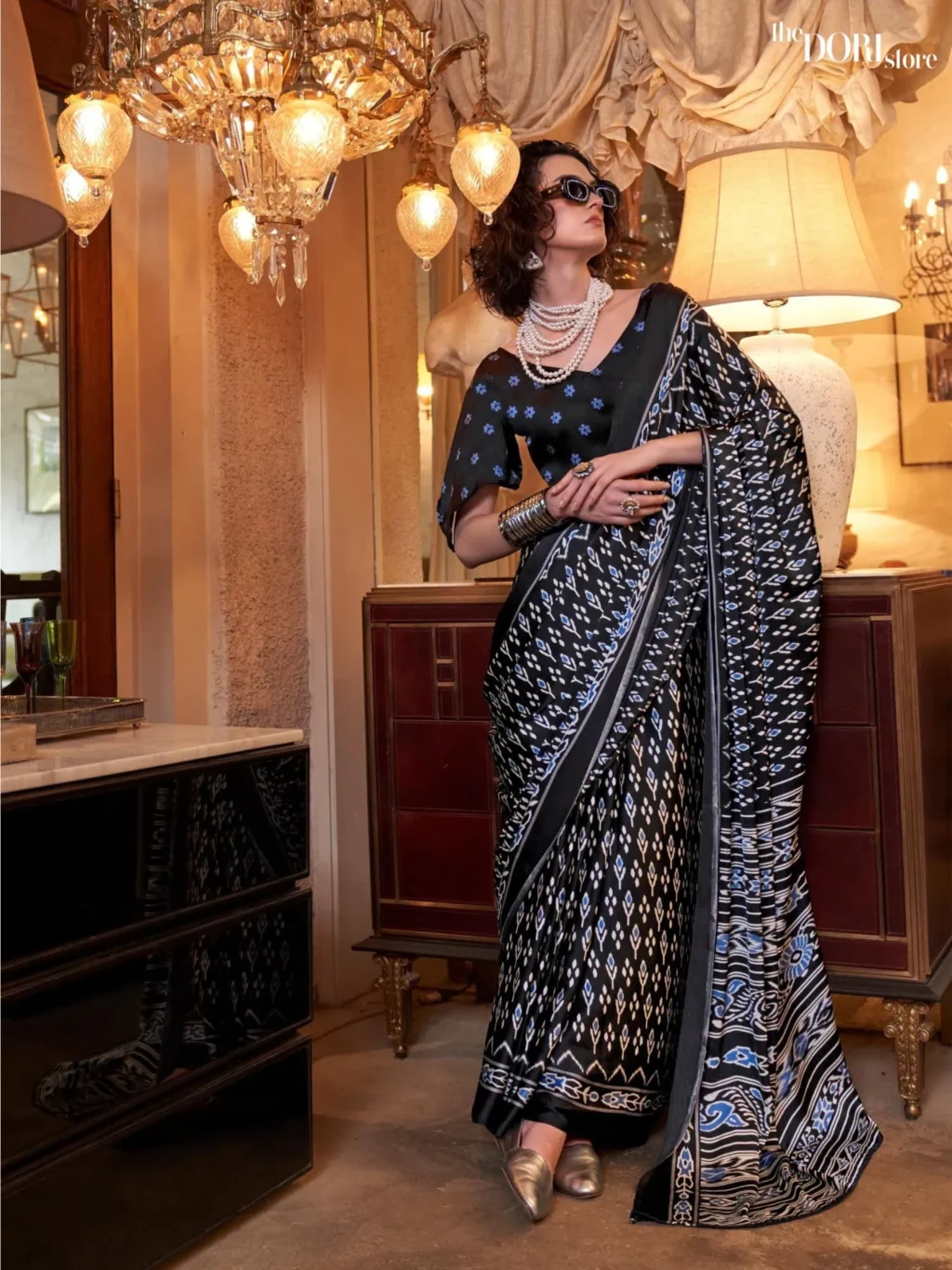 Bluish Black Patola Printed Crepe Silk Saree - party wear saree