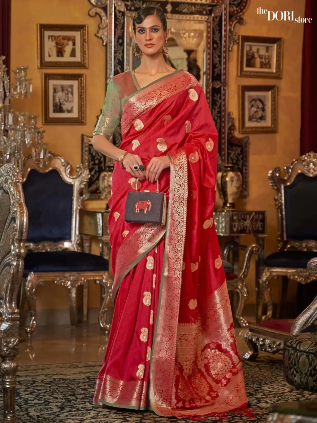 Designer Red Banarasi Tussar Silk Saree - party wear saree
