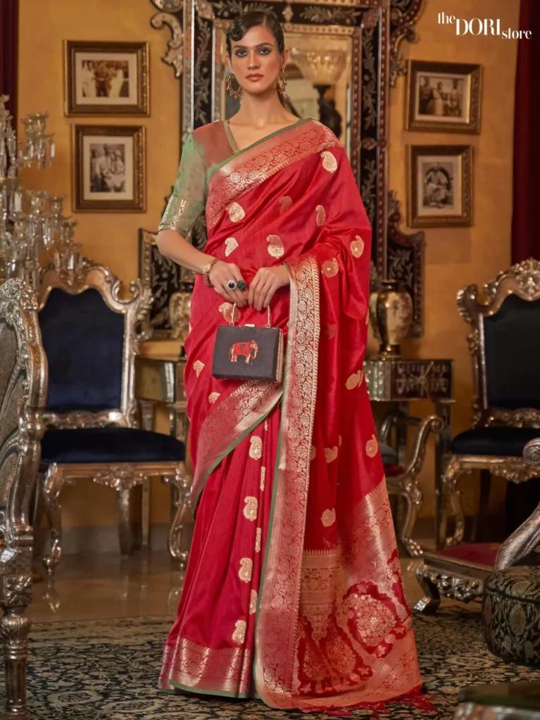 Designer Red Banarasi Tussar Silk Saree - party wear saree
