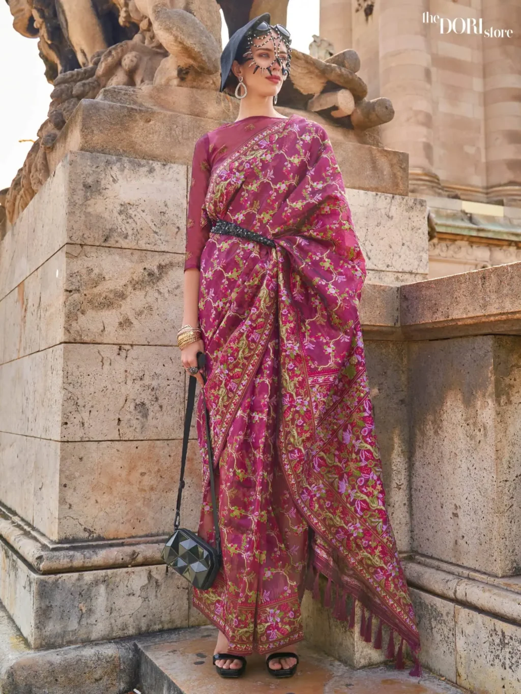 Magenta Pink Handloom Parsi Organza Woven Silk Saree  - party wear saree