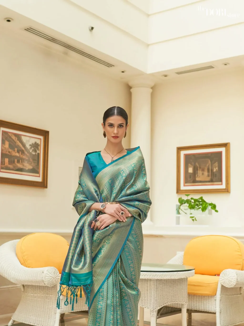 Teal Blue Designer Kanjeevaram Silk Saree - Image 2