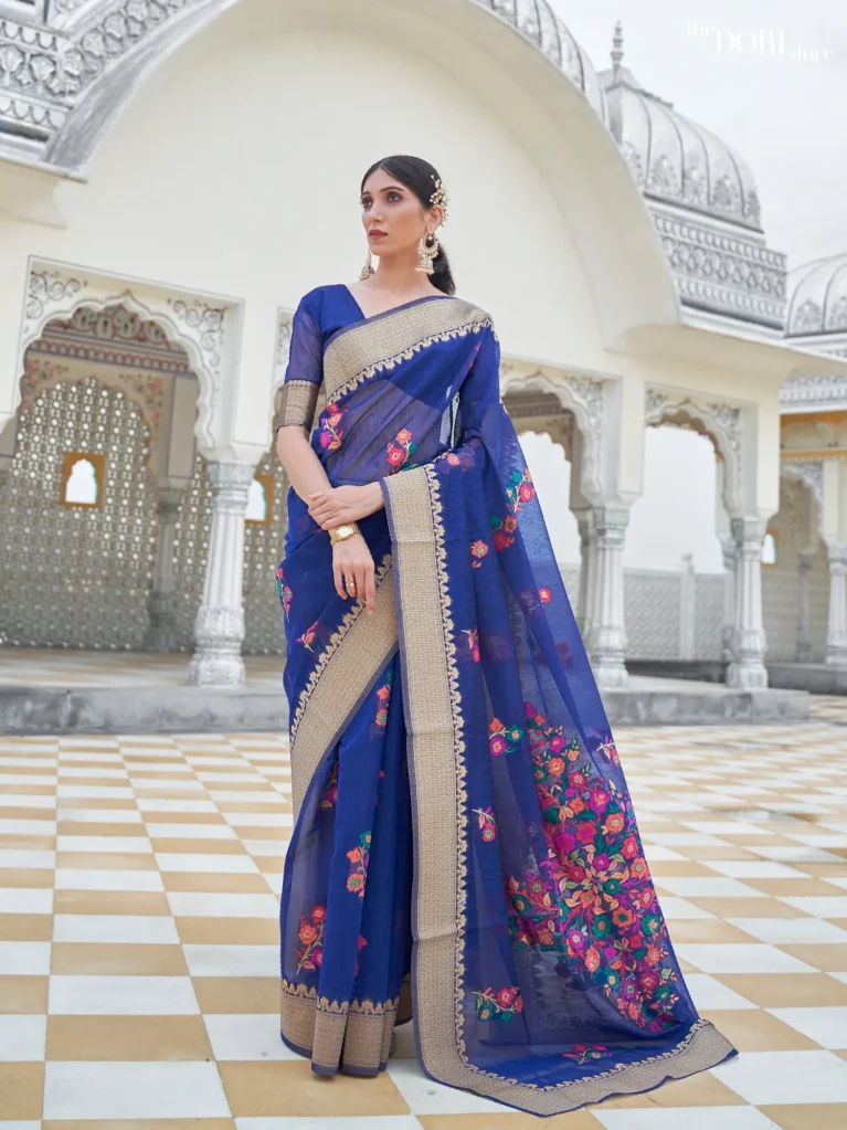 Floral Designer Dark Blue Linen Saree - party wear saree