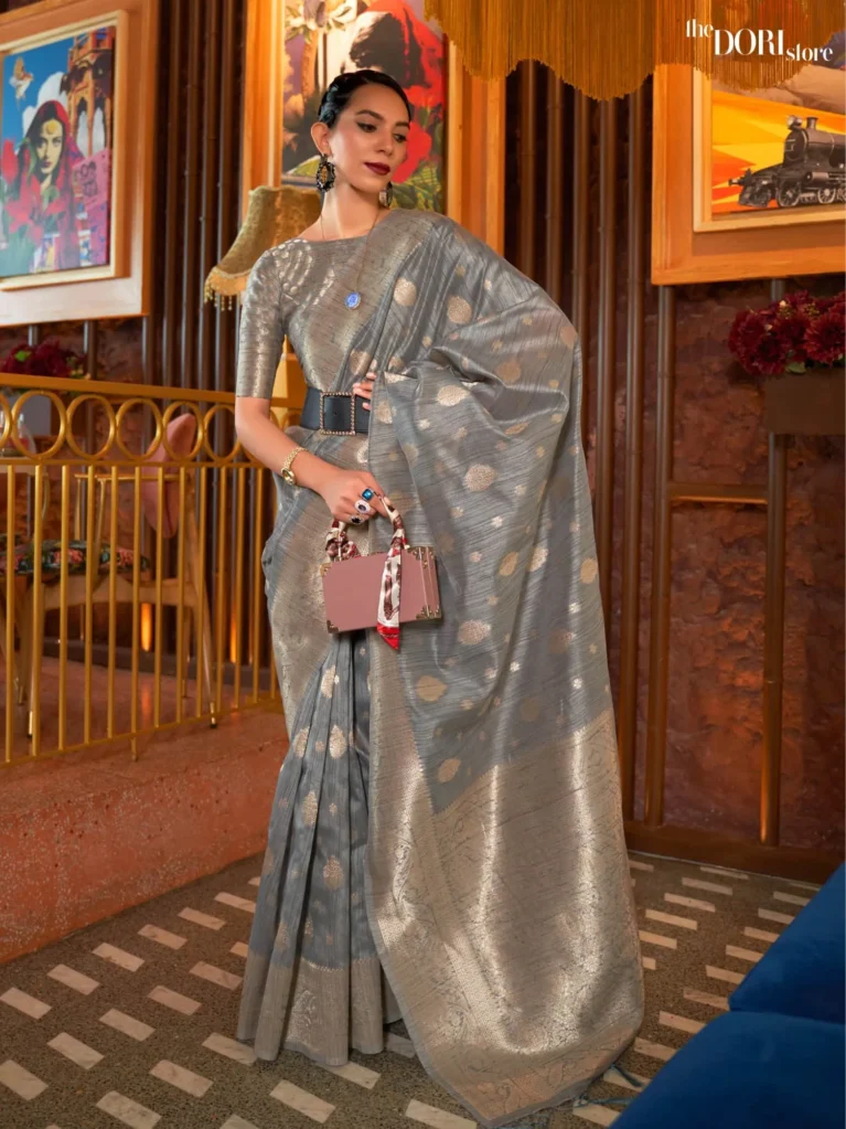 Ethnic Grey Designer  Banarasi Tussar Silk Saree  - party wear saree