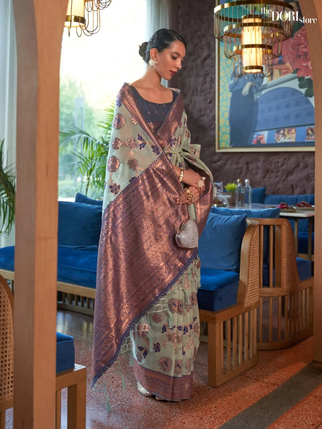 Bluish Green Floral Organza Shimmer Silk Zari Woven Saree - party wear saree
