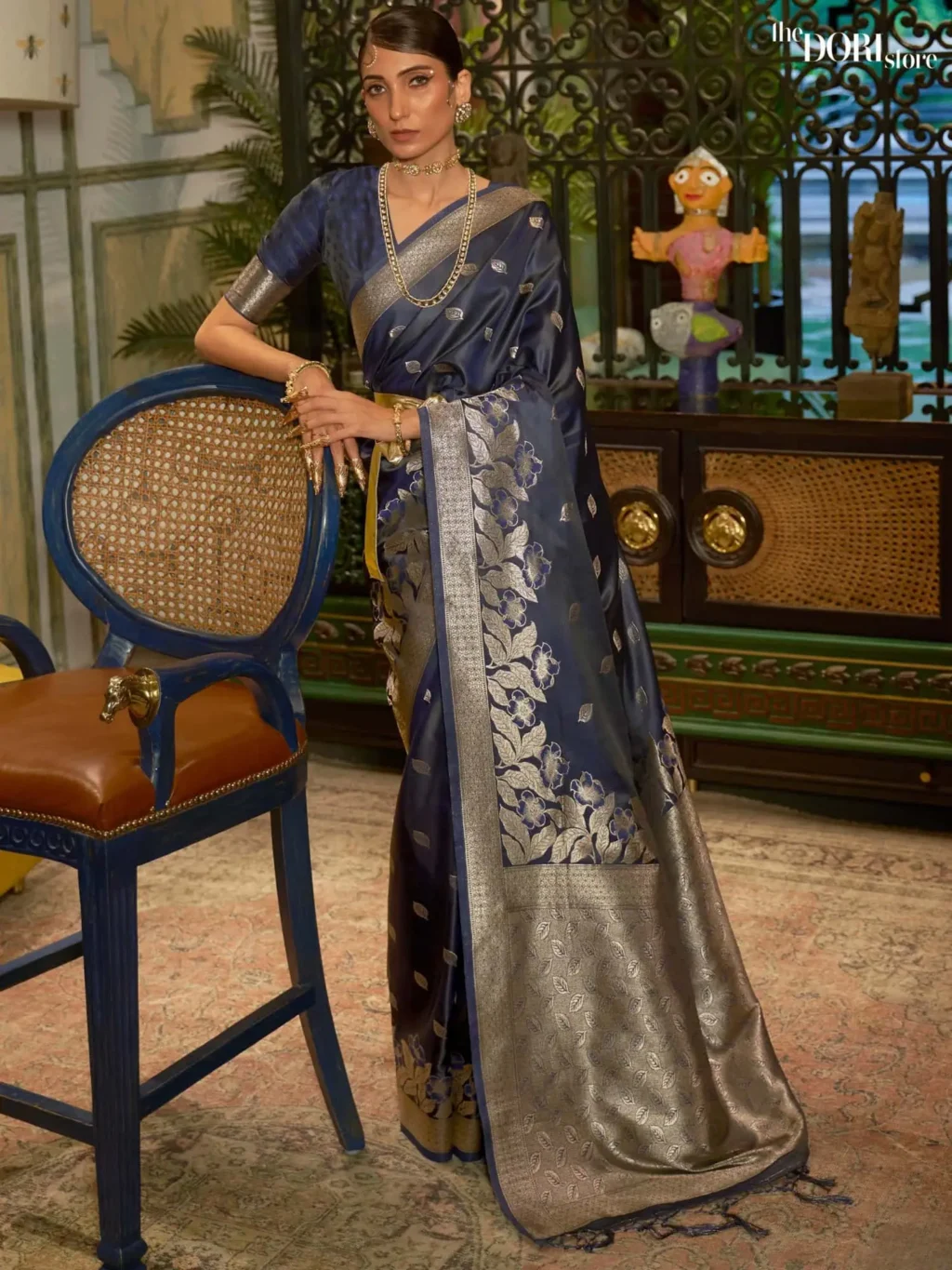 Partywear Navy Blue Banarasi Satin Silk Saree - party wear saree