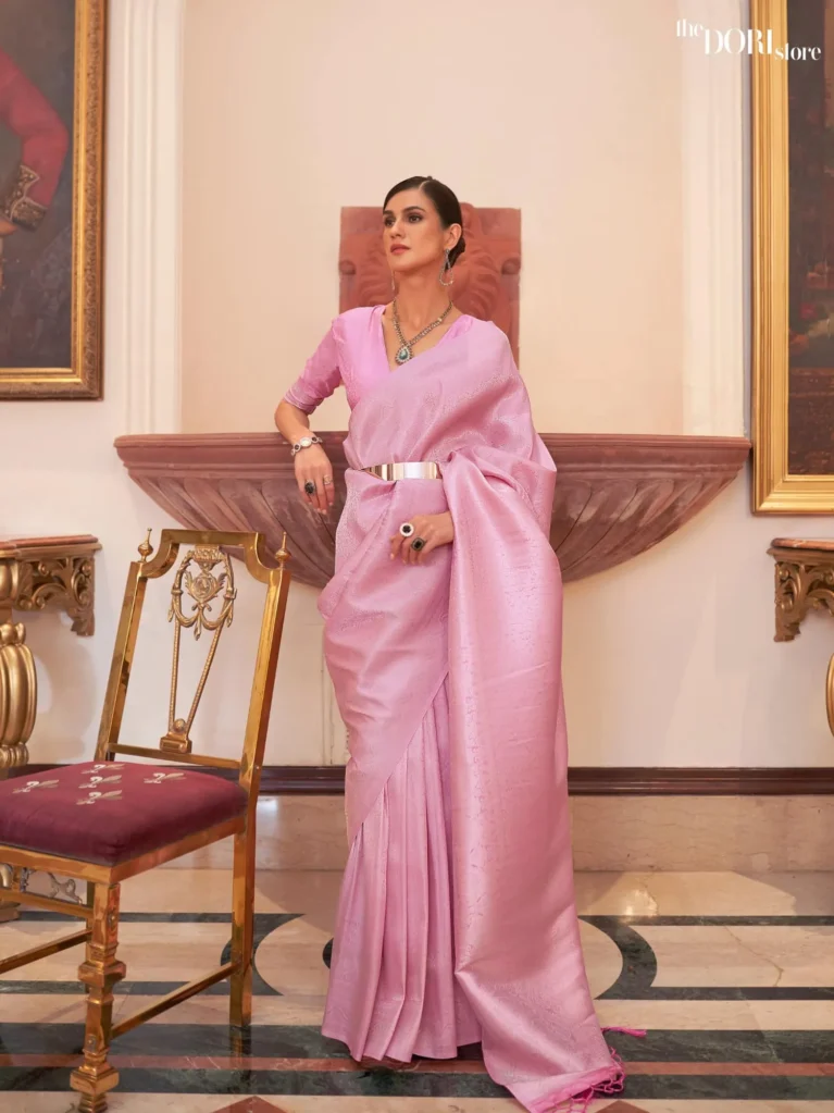Light Pink Kanjeevaram Woven Silk Saree - party wear saree