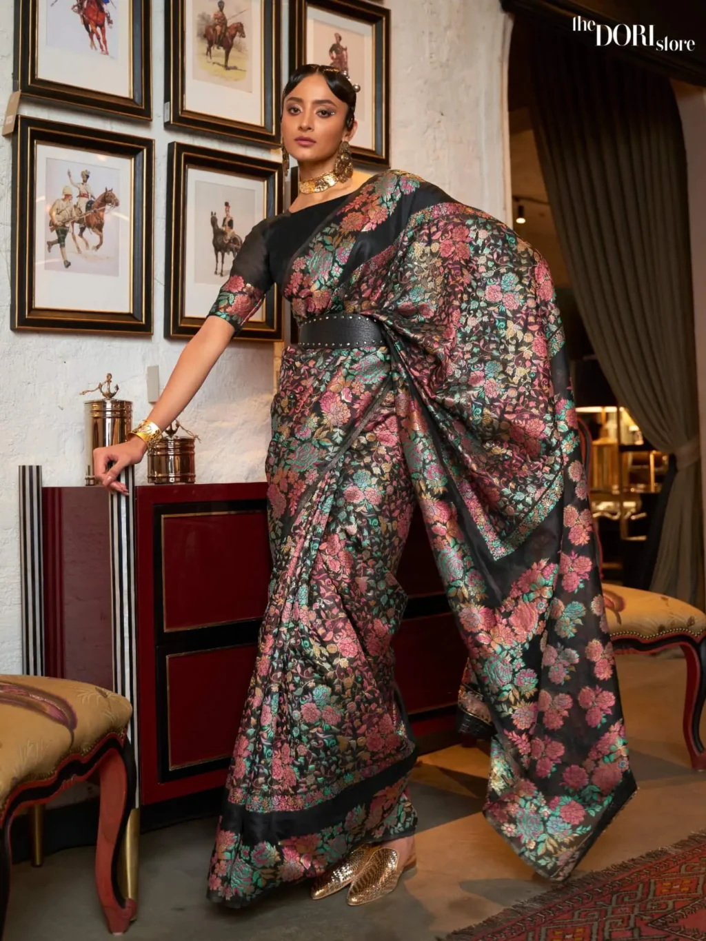 Midnight Black Kashmiri Floral Woven Silk Saree - party wear saree