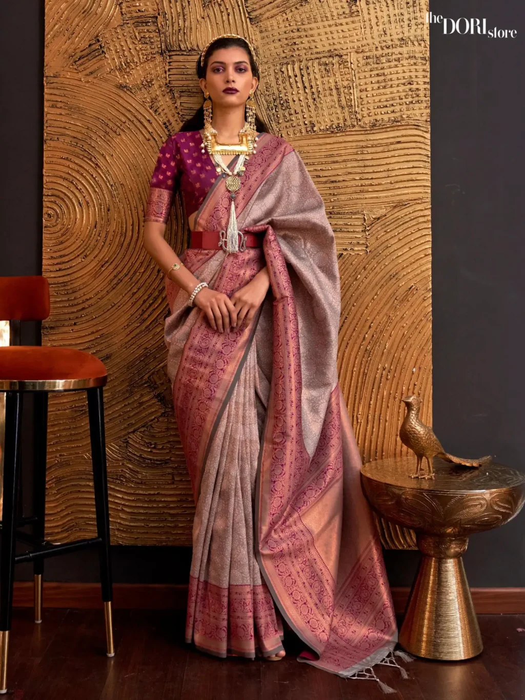 Purplish Silver Grey Kanjeevaram Handloom Silk Saree - party wear saree