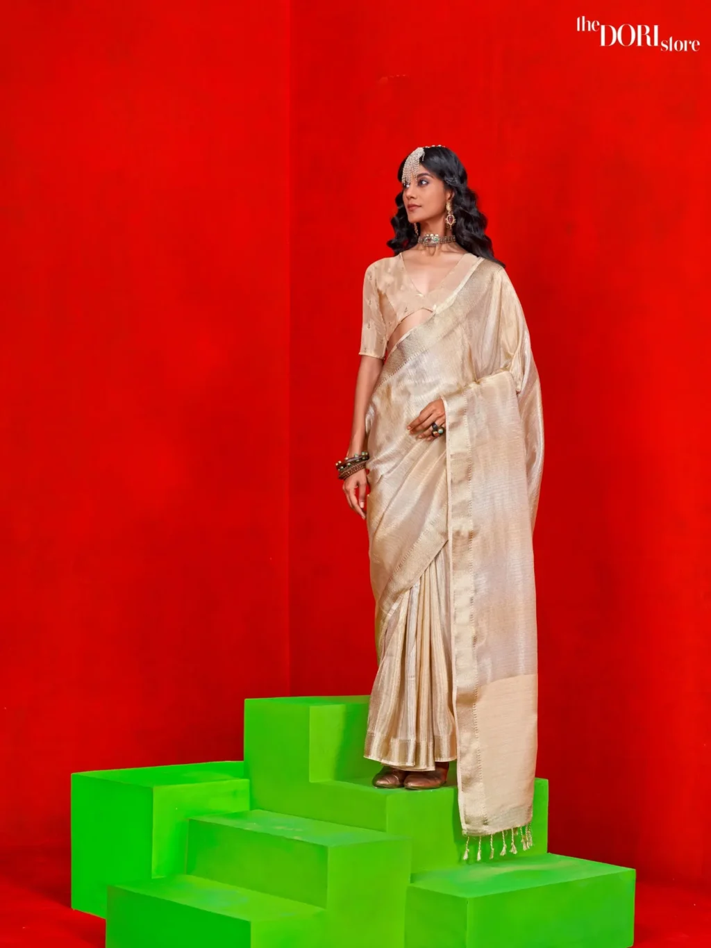 Ethnic Beige Cream Woven Banarasi Viscose Zari Silk Saree - Image 3