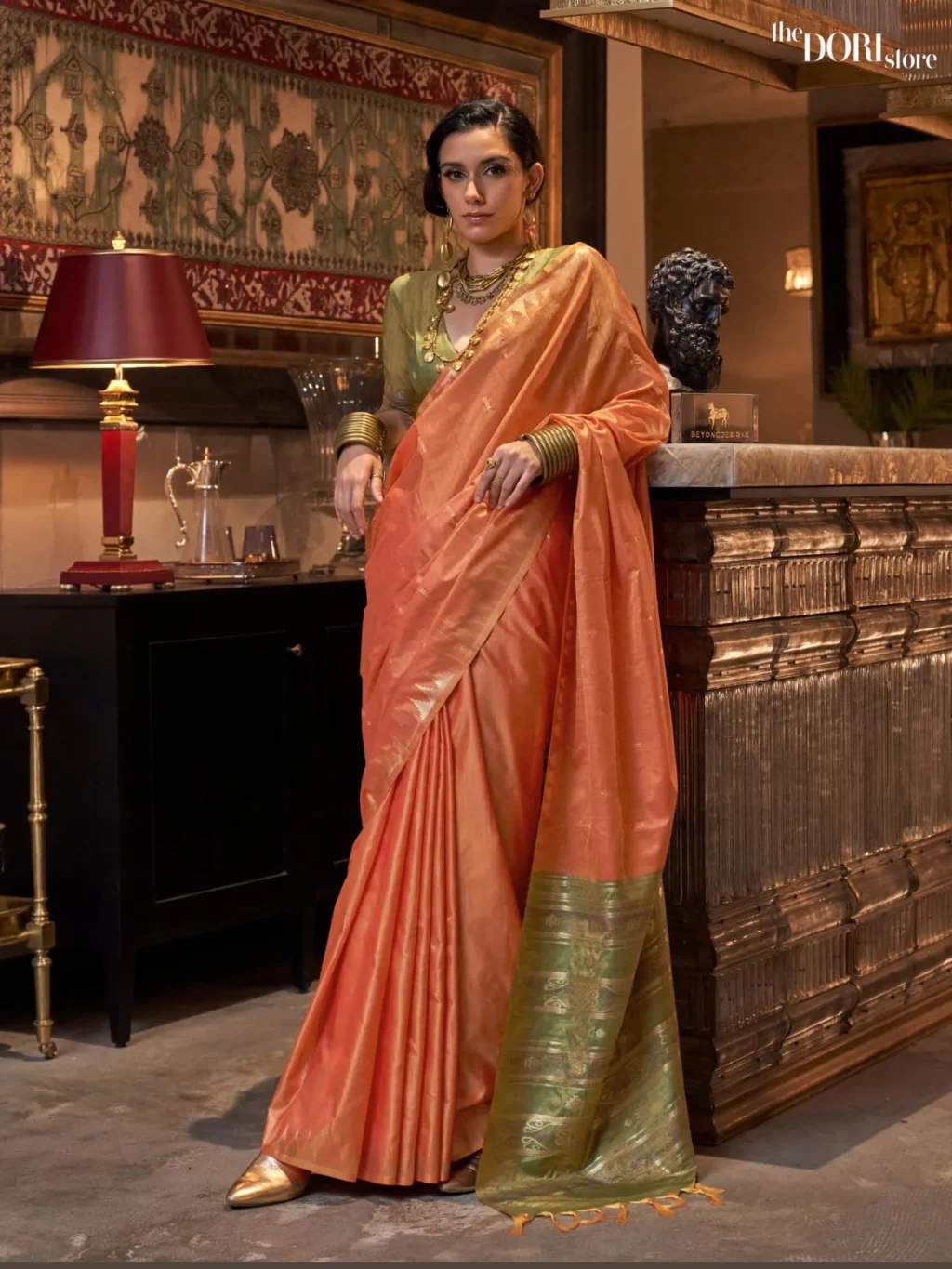 Ethnic Orange Tussar Silk Saree with Contrast Ikkat Pallu and Blouse  - party wear saree