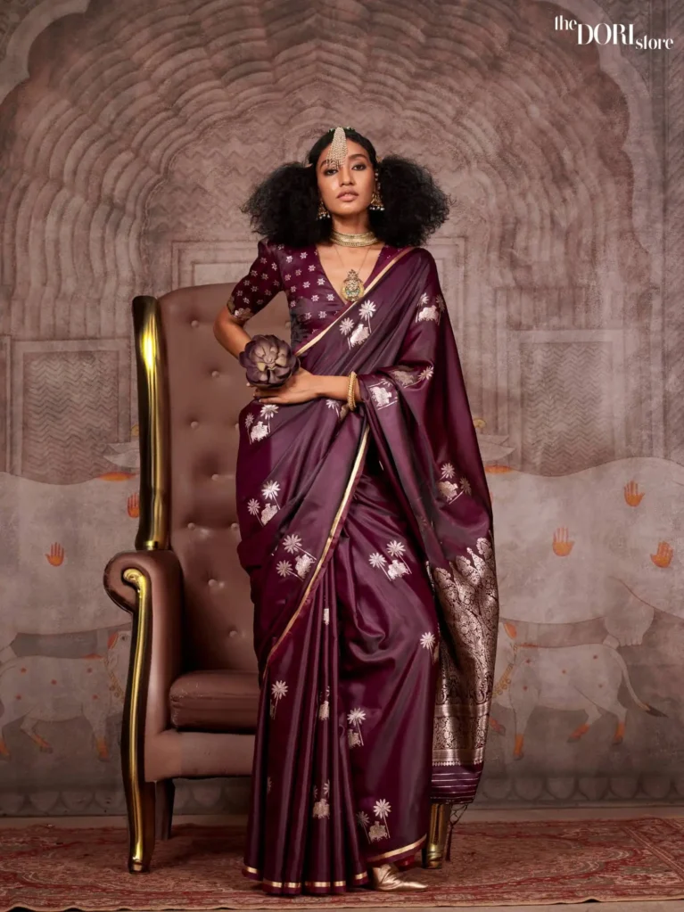 Rich Wine Purple Partywear Banarasi Satin Silk Saree - party wear saree