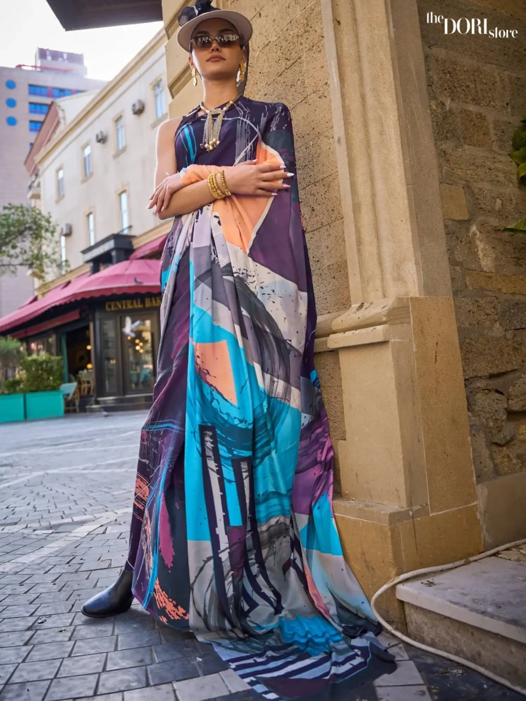 Bluish Multicolor Pure Digital Print Crepe Silk Saree - party wear saree