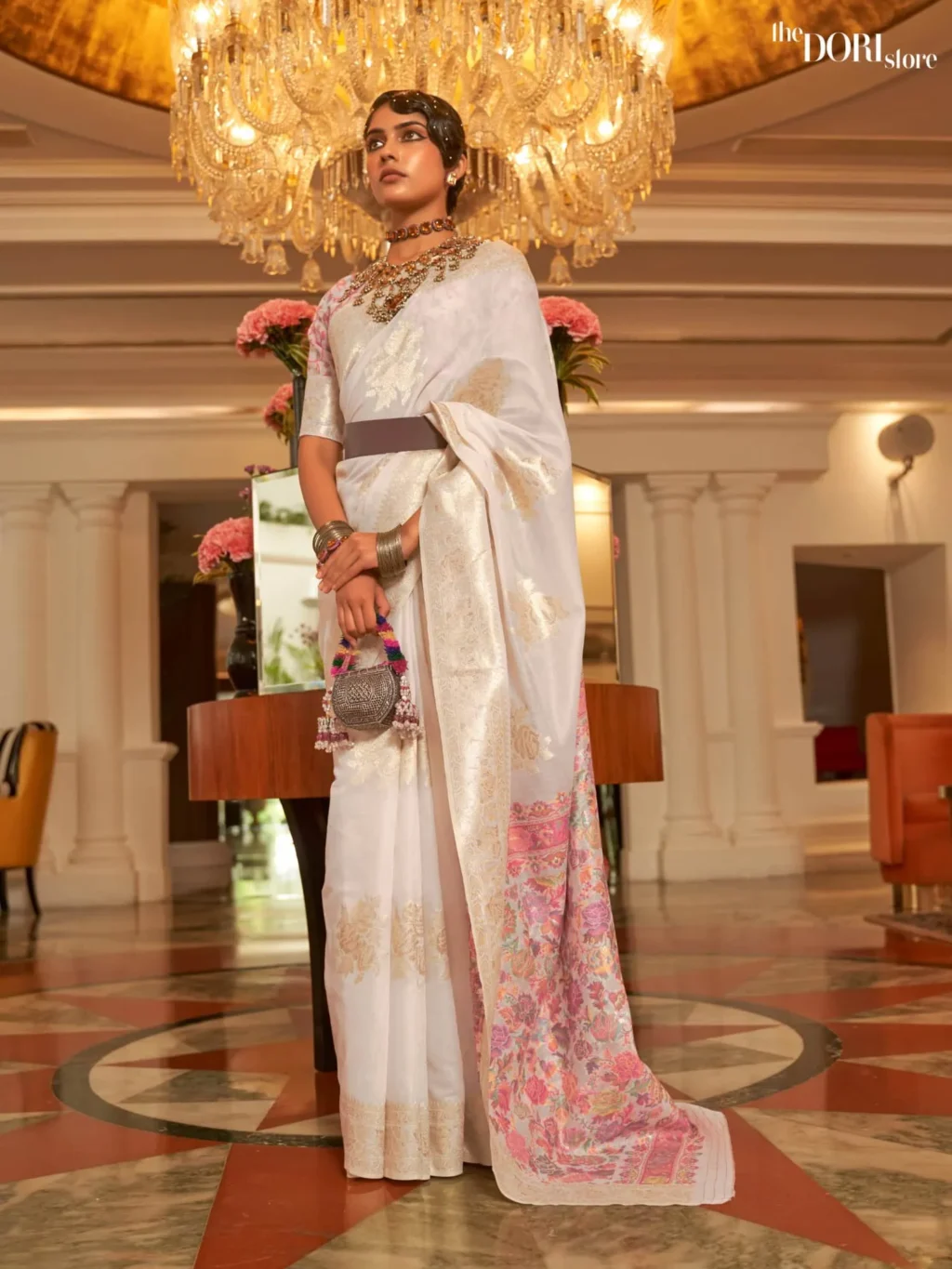 Off White Handloom Woven Silk Saree with Kashmiri Pallu - party wear saree