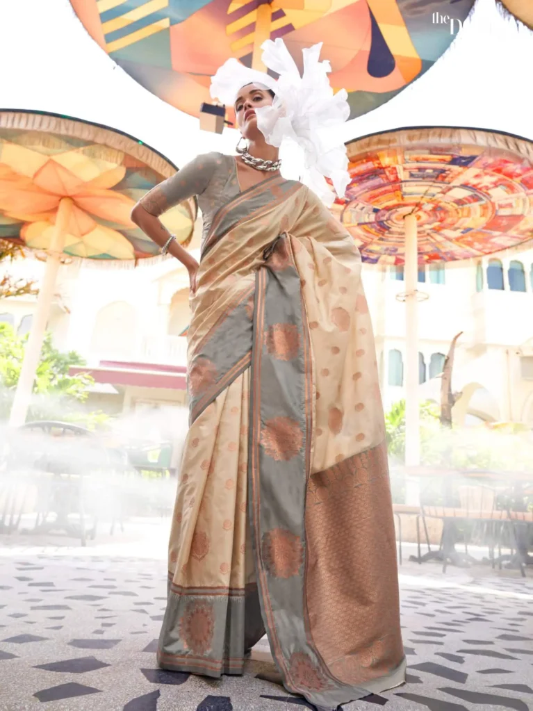 Grey and Beige Dual Tone Banarasi Silk Saree - party wear saree