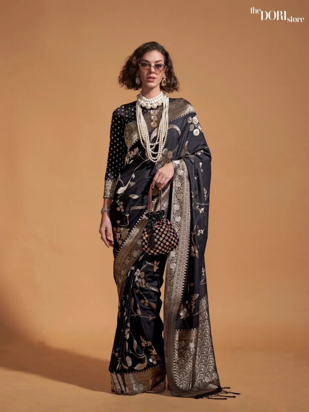 Coal Black Banarasi Georgette Handloom Silk Saree - party wear saree