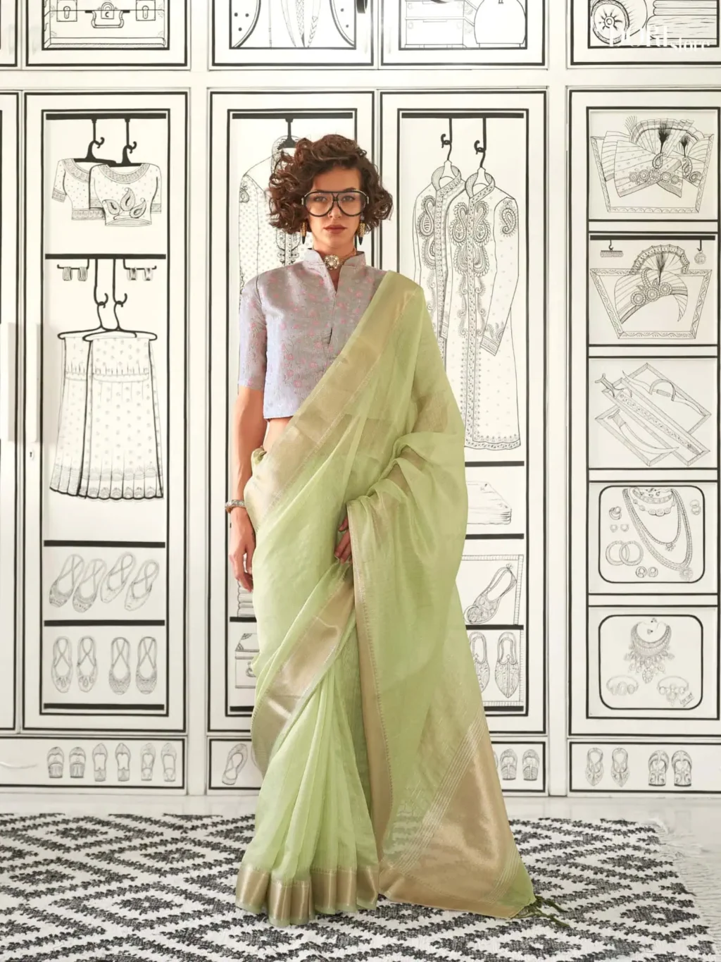 Light Green Moss Handloom Chiffon Silk Saree - party wear saree